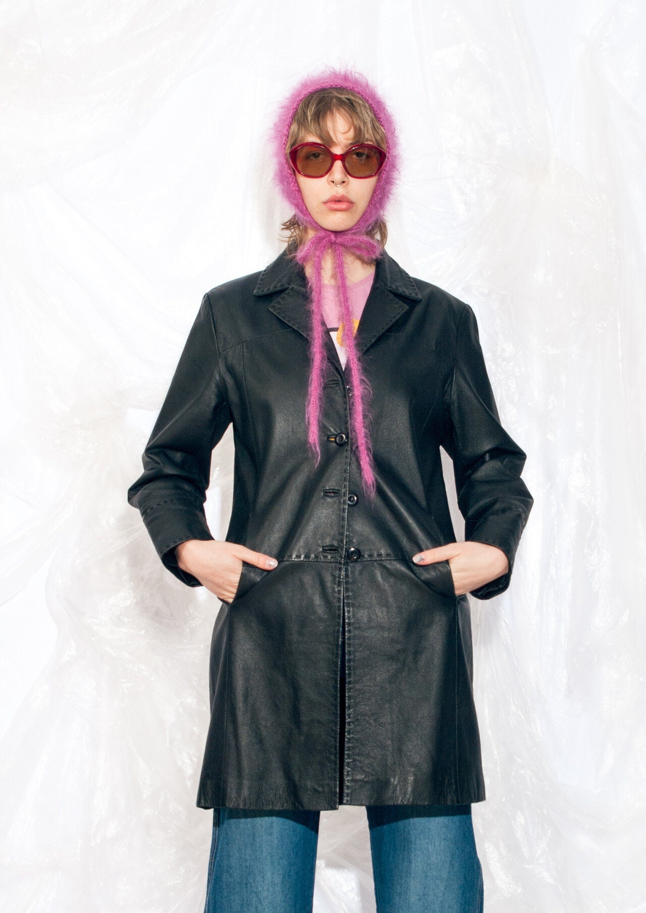 Vintage Y2K Leather Coat in Black 2000s Edgy Grunge Matrix