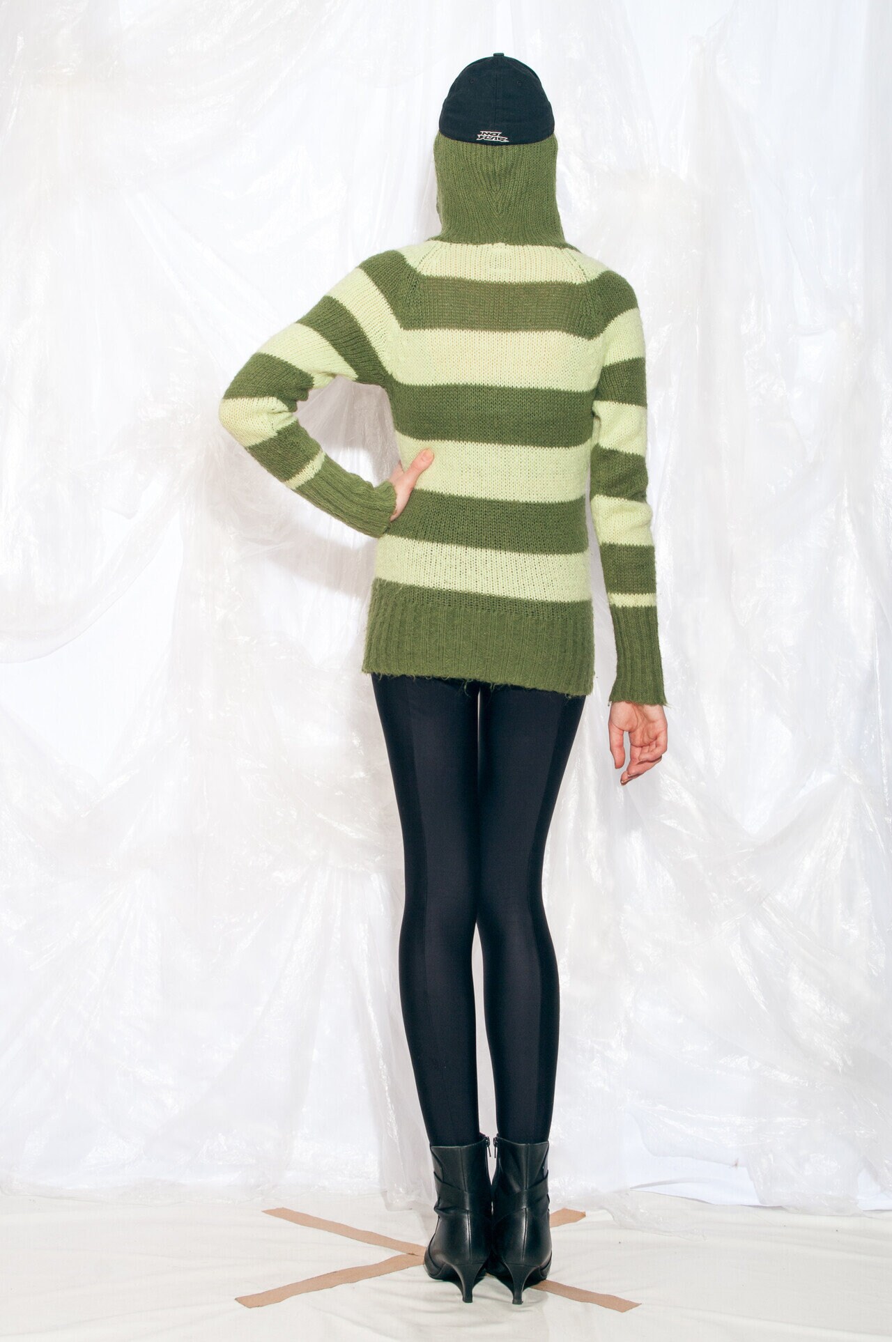 Vintage Y2K Hooded Knit Jumper in Green Striped 2000s Knitted 