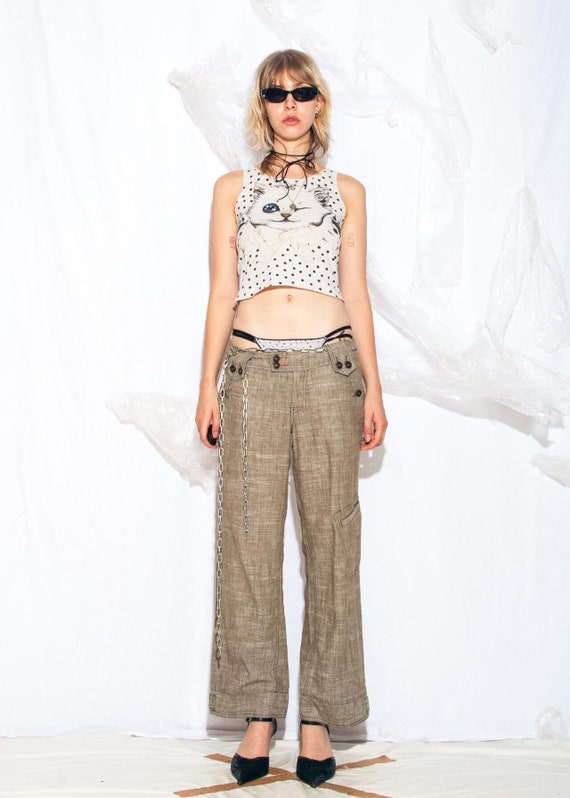 Vintage Y2K Wide Leg Trousers in Khaki - 2000s Low Rise Cargo