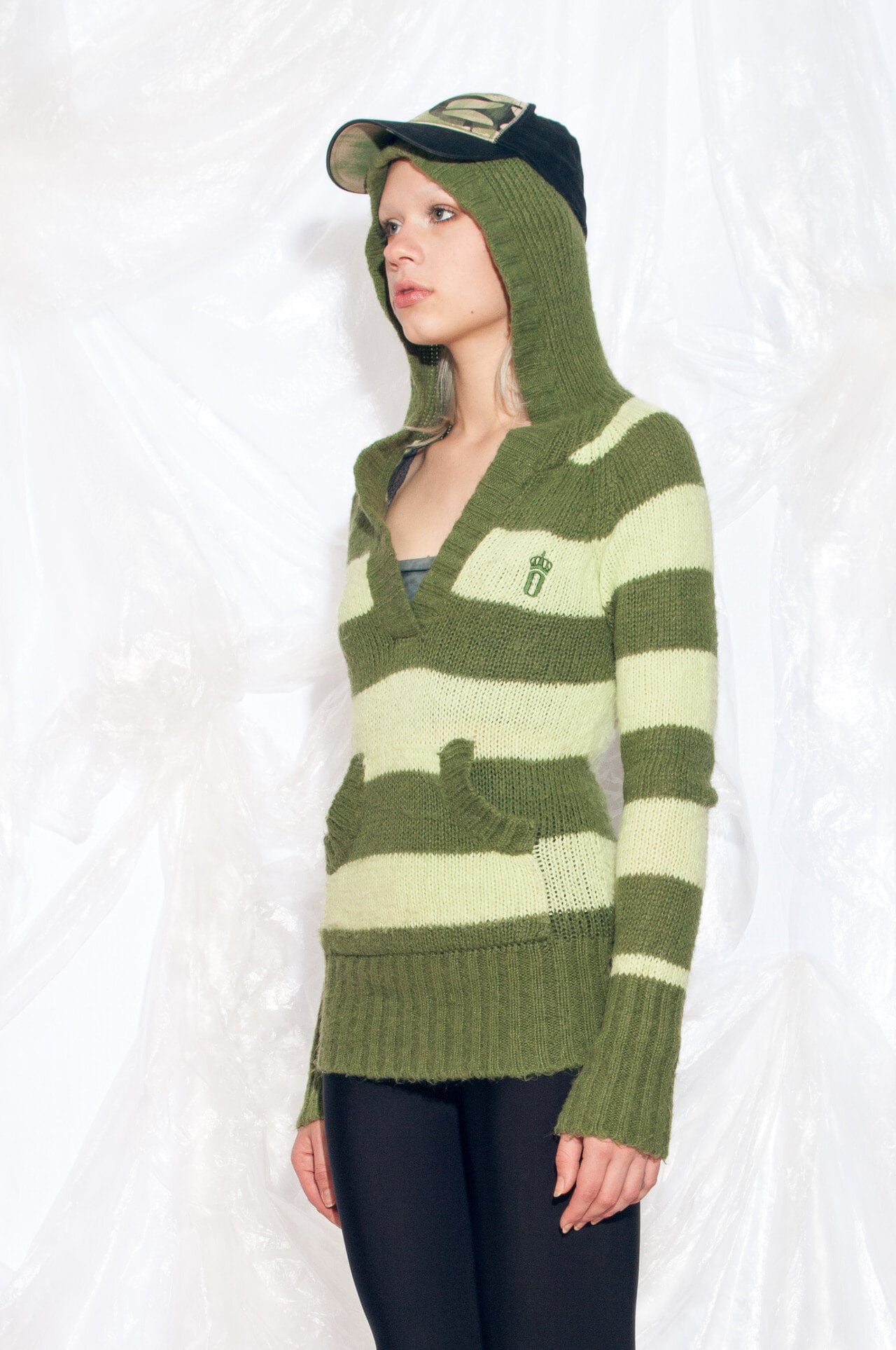 Vintage Y2K Hooded Knit Jumper in Green Striped 2000s Knitted