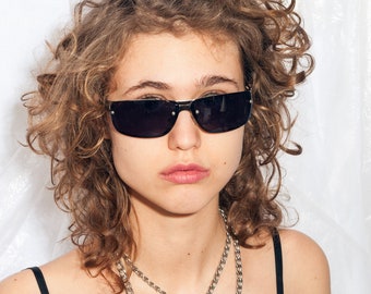 Vintage Y2K Square Sunglasses in Black w Metal Frame 2000s Edgy Grunge Eyewear Goth Cyberpunk