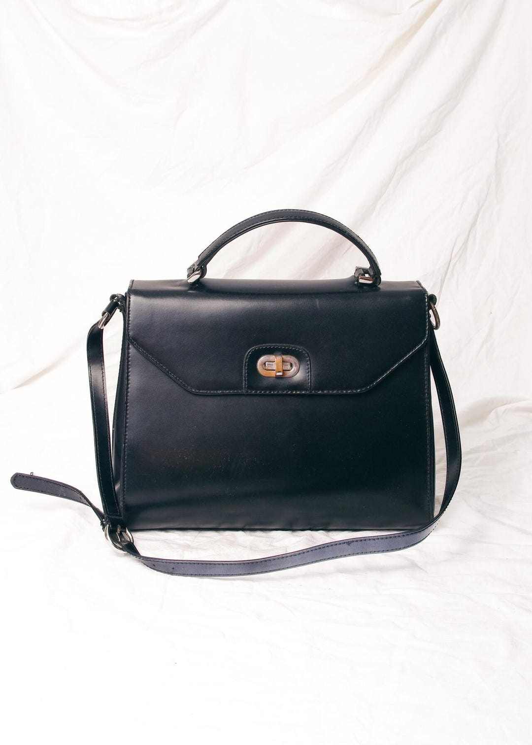 Vintage 80s Salamander Box Bag in Black - 1980s Faux Leather
