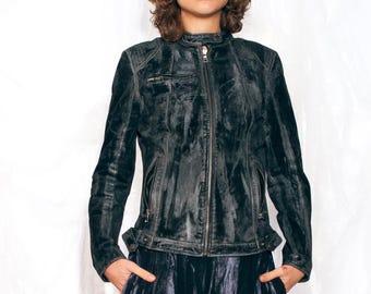 Vintage Y2K Fitted Jacket in Silver Suede - 2000s Upcycled Grunge Style Hand-Painted Leather Coat - Size M