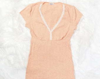 Vintage Y2K Coquette Top in Peach Lace 2000s Fairycore Coquettecore Short Sleeve Top Small