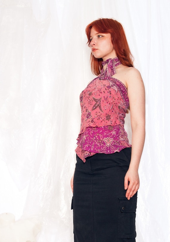 Vintage Silk Top Y2K Halter Neck Frilly Blouse in… - image 1