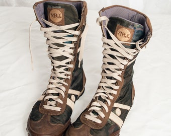 Vintage Y2K Art Company Boxing Boots in Brown Leather 2000s Wrestling Lace-up Shoes 39