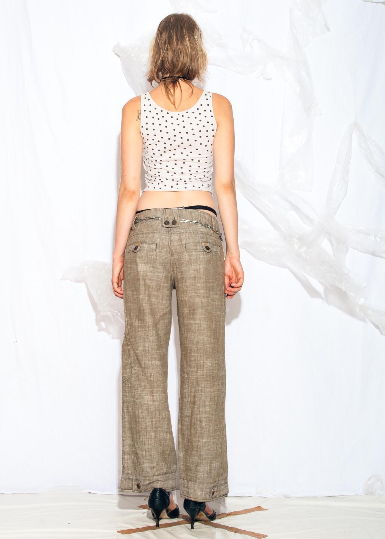 Vintage Y2K Wide Leg Trousers in Khaki - 2000s Low Rise Cargo 