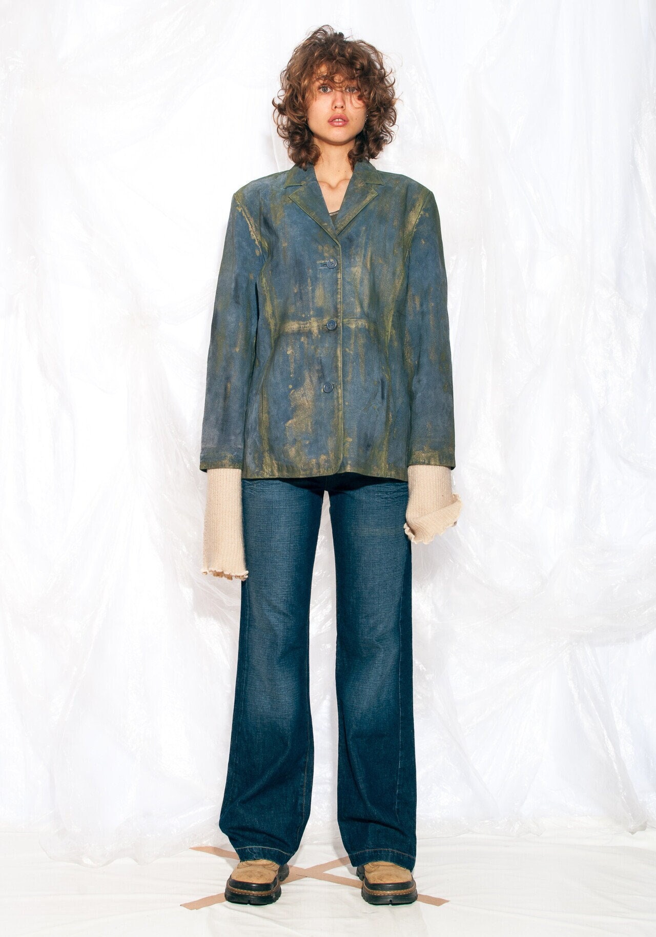Vintage 90s Reworked Leather Jacket in Blue Hand-painted Y2K