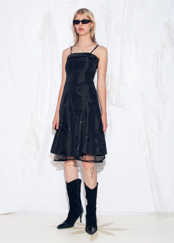 Vintage Y2K Evening Dress in Black - 2000s Sequin Embroidered Midi for Prom - Whimsigoth Bedazzled Partywear - Size S