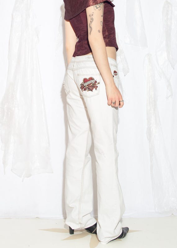 Vintage Y2K Flare Jeans in White Denim With Tattoo Embroidery