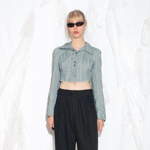Reworked Vintage Y2K Crop Shirt in Blue Striped - 2000s Upcycled Office Siren Fitted Top - Y2K Vintage Fashion - Size M