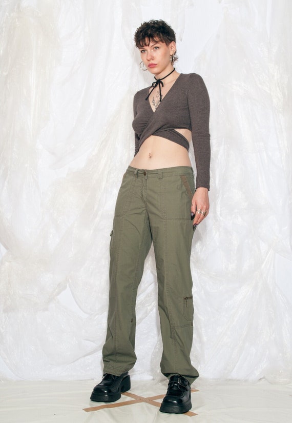Vintage Y2K Wide Leg Cargo Trousers in Khaki Mud Green 2000s