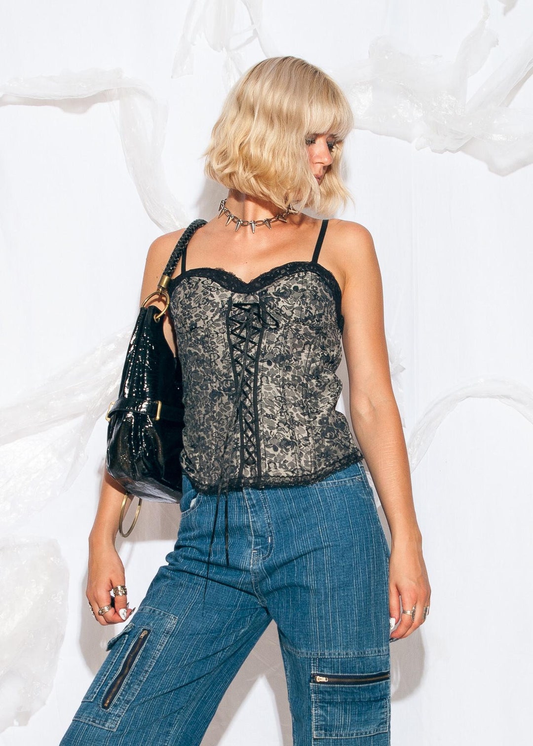 Vintage Y2K Corset Top in Silver - 2000s Preppy Goth