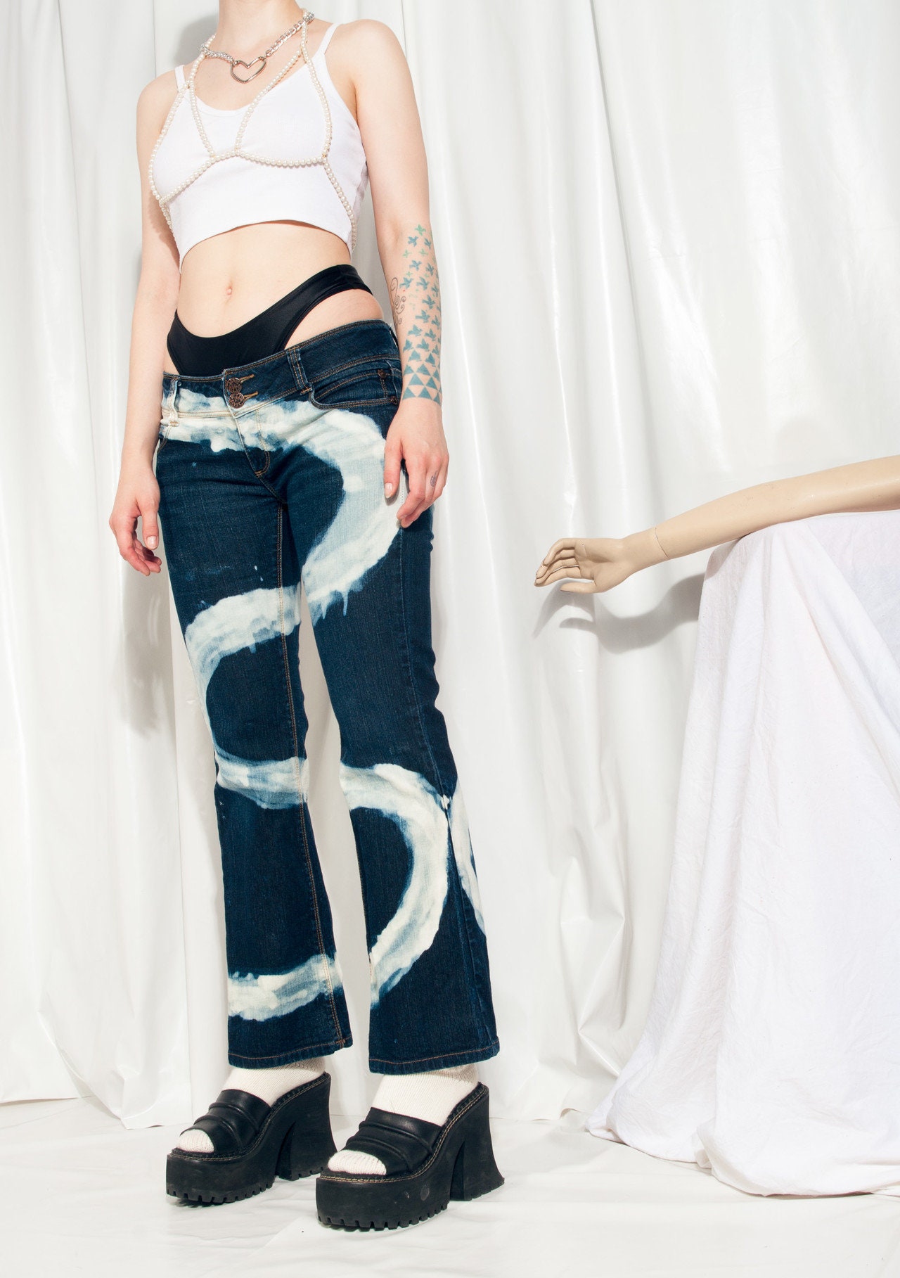 Reworked Vintage Flared Jeans Y2K Snake Pattern Denim Pants