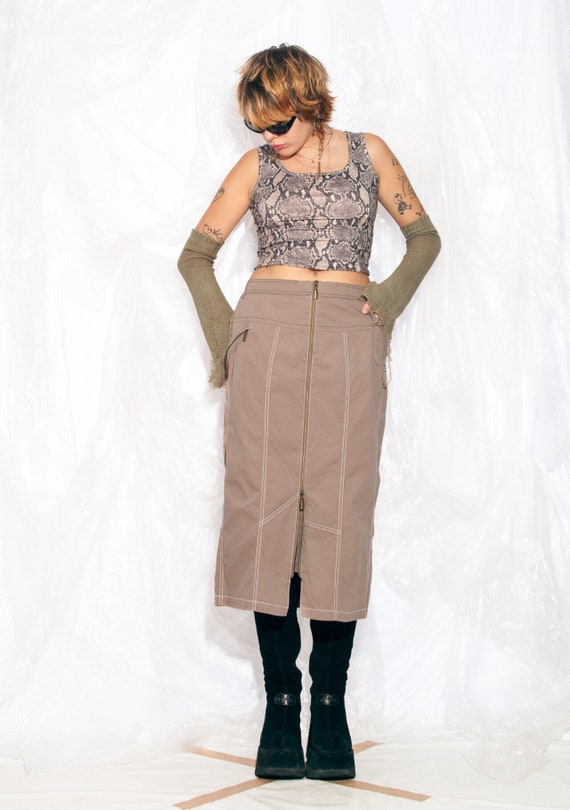 Vintage Y2K Cargo Midi Skirt in Brown with Zip Fr… - image 2