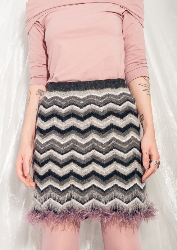 Vintage Knitted Skirt 90s Reworked Furry Zig Zag … - image 2