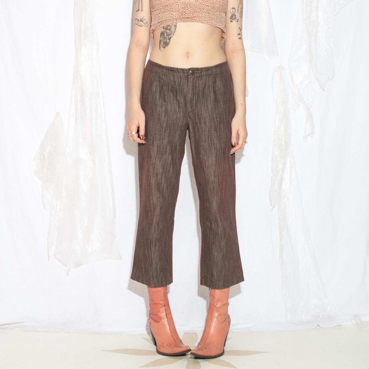 Vintage Y2K Flare Capri Pants in Brown - 2000s Middle Rise