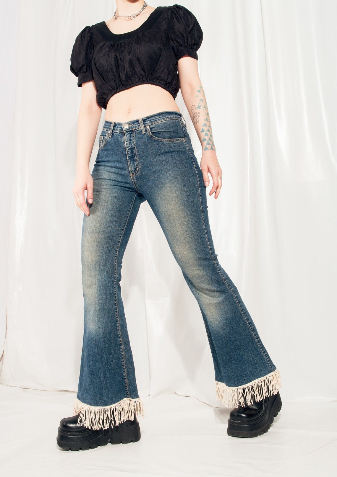 Vintage Flare Jeans Y2K Rewokred Fringe Hem Bell Bottoms 2000s | Etsy UK