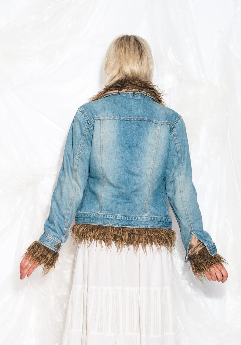 Vintage Y2K Denim Jacket with Faux Fur Lining 2000s Fairycore Grunge Blue Furry Coat Small image 4