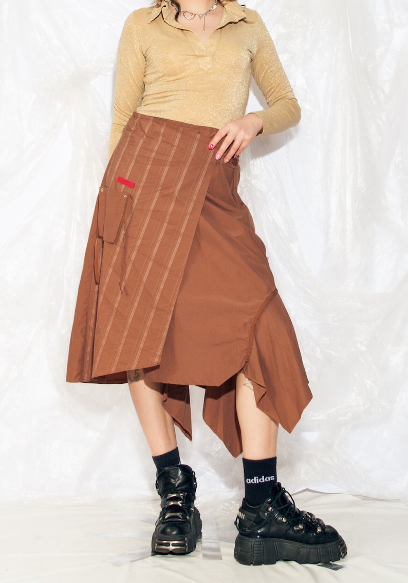 Vintage Y2K Cargo Skirt in Brown Cotton 2000s Gorpcore Pocket Utility Skirt Fairycore Grunge Middle Rise Midi Skirt Large image 1