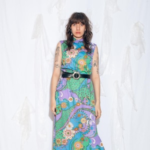 Vintage 60er Jahre Handmade Maxi Kleid in Lila Grün - 60er Flower Power Psychedelic Party Kleid - Hippie Stil - Size XL