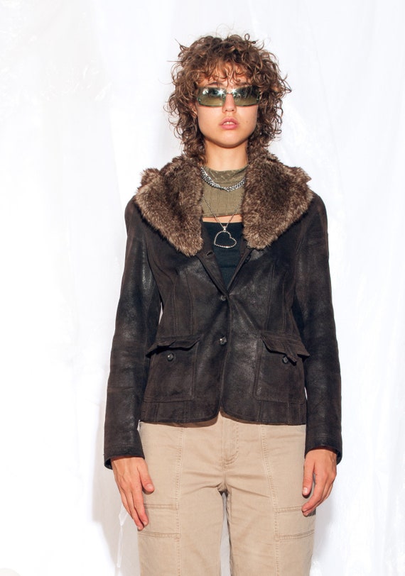 ジャケット・アウター leather gimmick fur blouson brown y2k M leather gimmick fur blouson brown y2k M