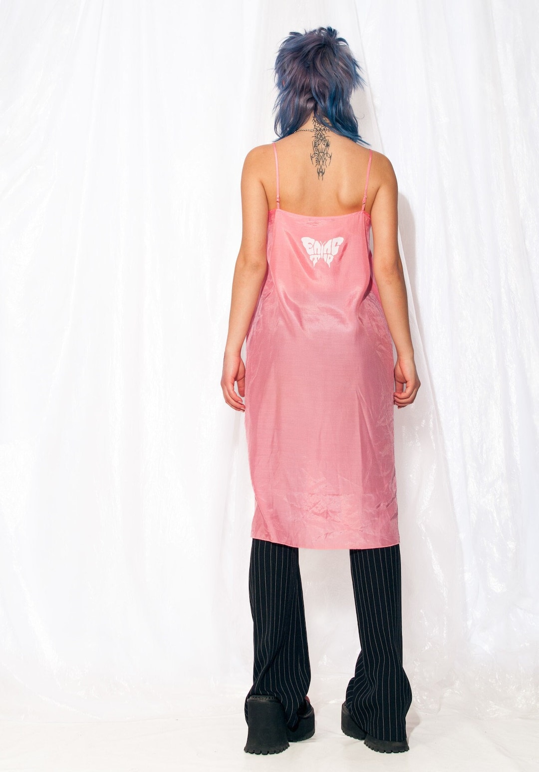 Vintage Slip Dress Y2K Reworked Butterfly Print Midi in Pink 2000s Rave