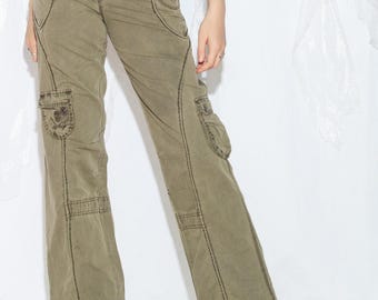Vintage Y2K Cargo Jeans in Mud Green - 2000s Grunge Flare Pants