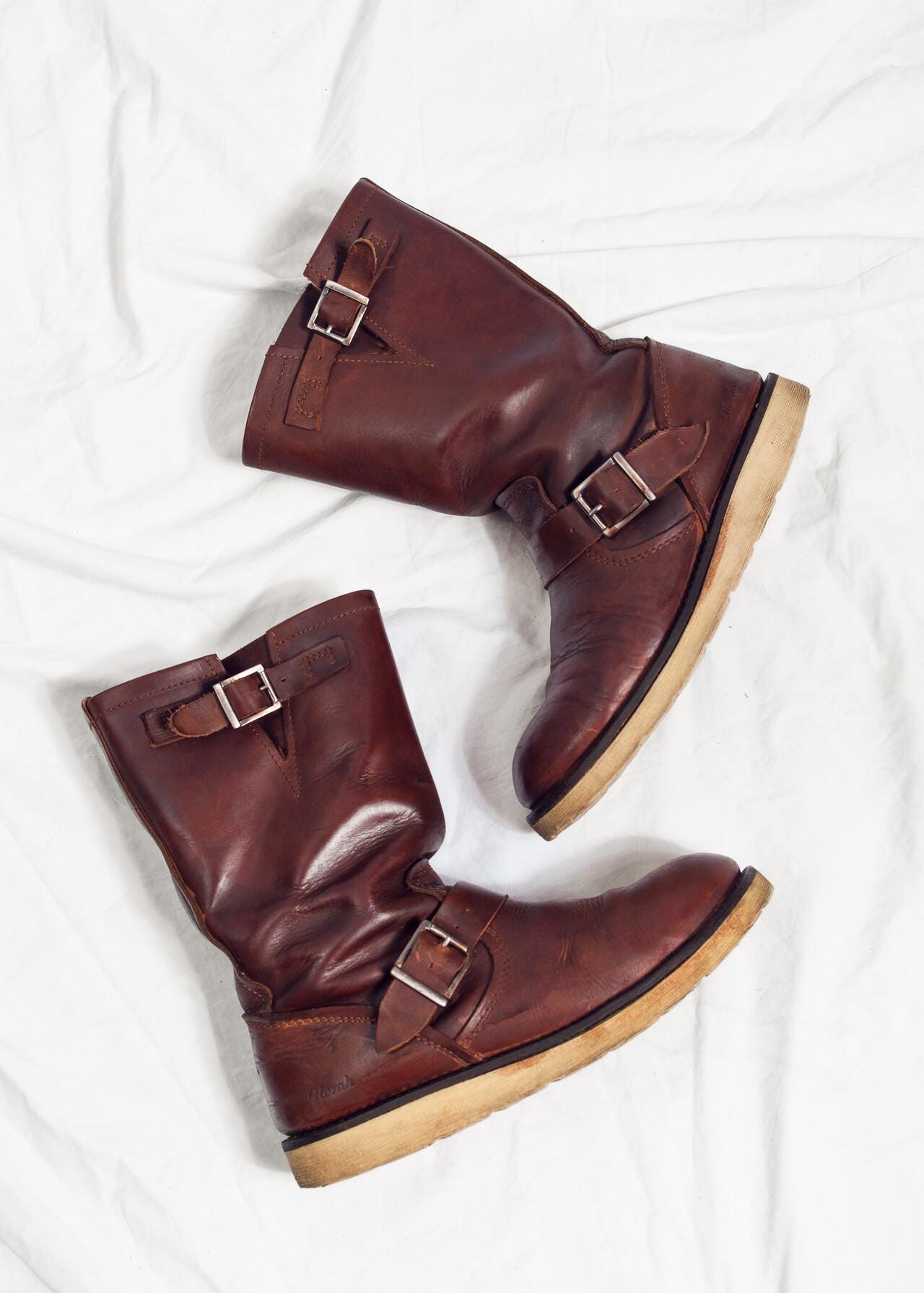 靴 Y2K Leather Engineer Boots Brown Grunge Vintage Y2K Slouchy Boots in Brown Leather - 2000s Chunky