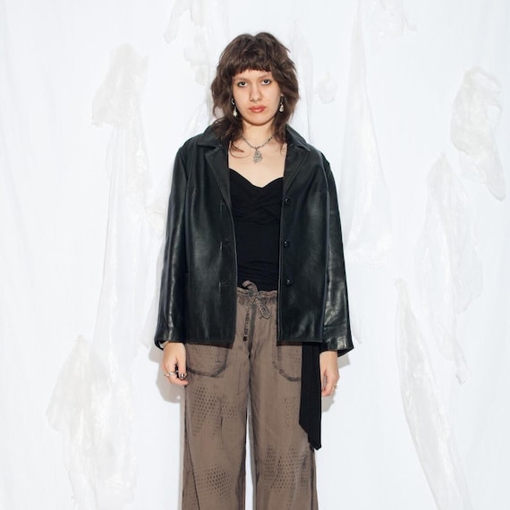 Vintage 70s Boxy Fit Leather Jacket in Black 1970s Minimalist