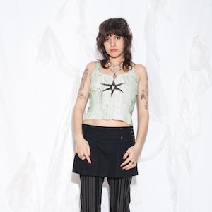 Reworked Vintage Y2K Weird Star Top in Green - 2000s Hand-Painted Upcycled Ribbed Cotton Crop Top - Size M