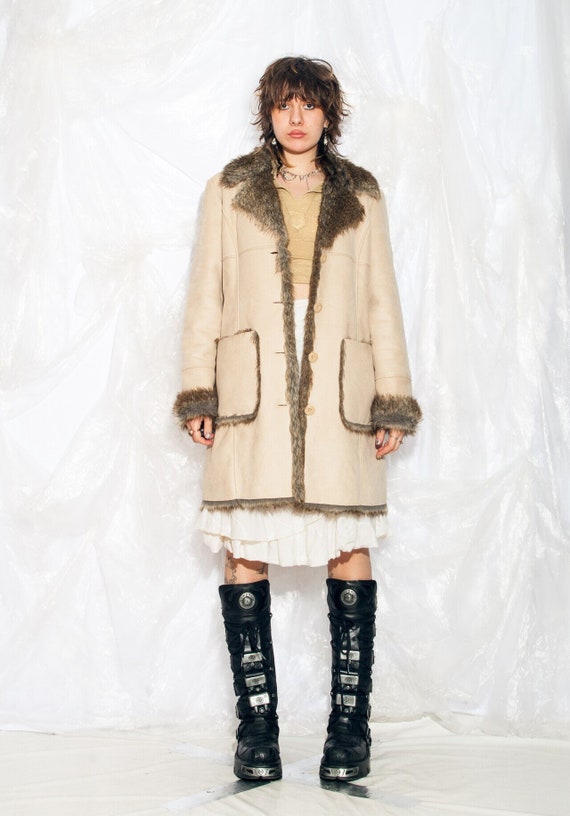 Vintage Y2K BIBA Penny Lane Coat in Beige Faux Shearling 2000s