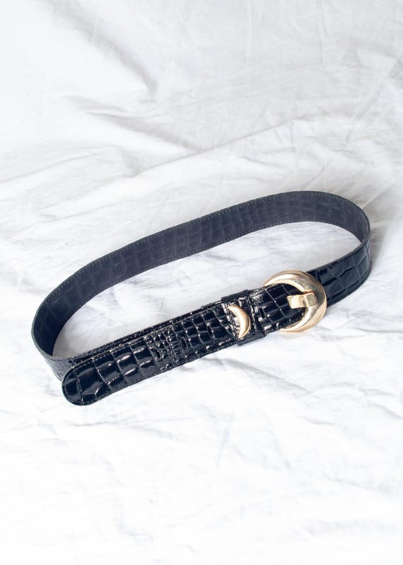 Vintage 80s Black Patent Leather Belt With Shiny Golden Moon  display picture 1