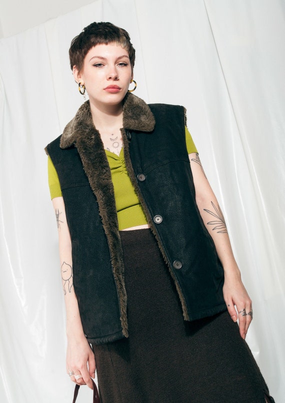 Vintage Leather Vest Y2K Faux Fur Real Suede Waistcoat 2000s