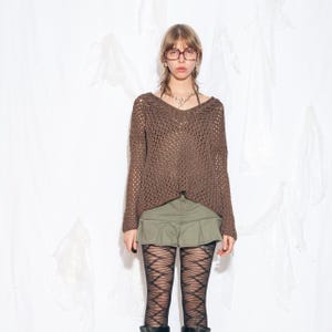 Suéter vintage Y2K em malha grossa de algodão marrom - suéter oversized grunge Fairycore dos anos 2000 estilo whimsigoth