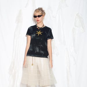 Reworked Vintage Y2K Star T-shirt in Silver Gold Black - 2000s Whimsigoth Grunge Top with Hand Printed Star Patch - Cotton Tee - Size M