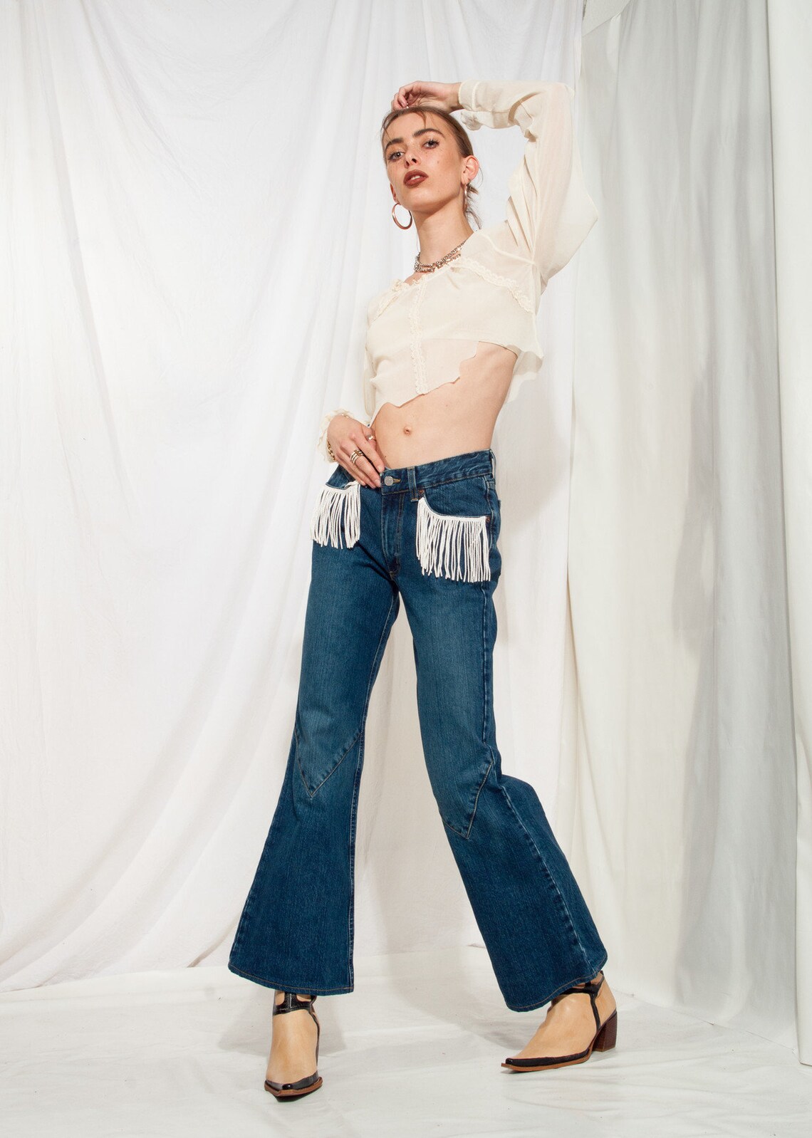 Vintage Crocker Jeans Y2K Reworked Western Fringe Flares 2000s Etsy
