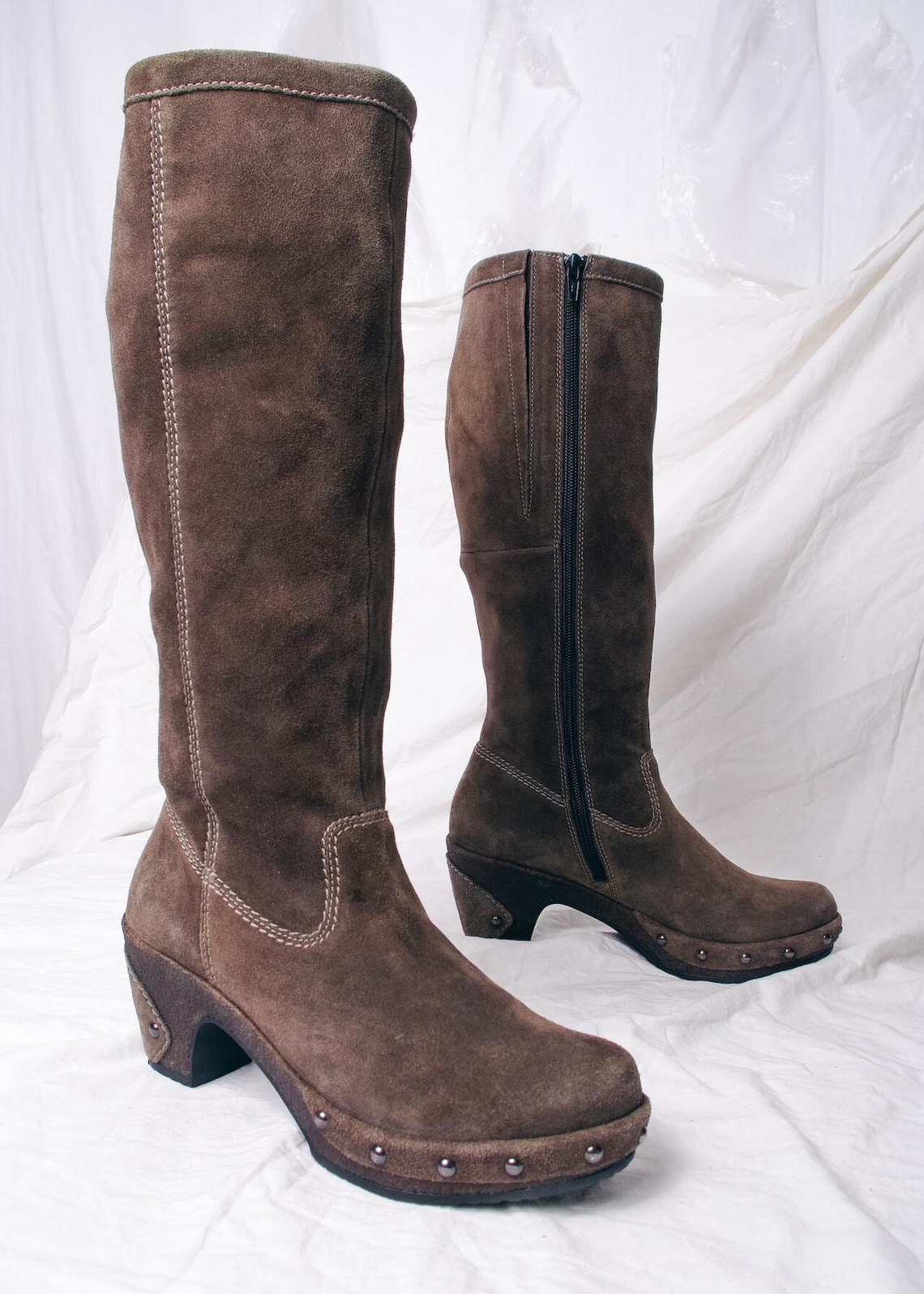 Vintage Y2K Gabor Brown Leather Clog Boots - Knee High Western Platform Shoes - Size 38, foto 2 di 5