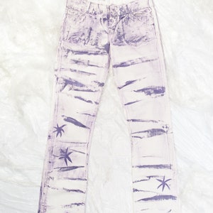 Vintage Y2K Reworked Flare Jeans in Hand Painted Purple White 2000s Weird Star Flare Denim Pants XS