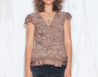 Vintage Y2K Mauve Cotton Blouse - Wrap Top Floral Whimsigoth Sequin - Downtown Girl - Size L