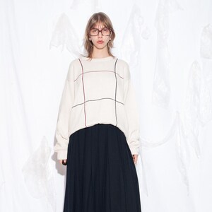 Vintage Y2K-gebreide trui in beige - jaren 2000 Dockers oversized katoenen trui in Boyfriend-stijl - Grunge genderloze trui met rasterpatroon