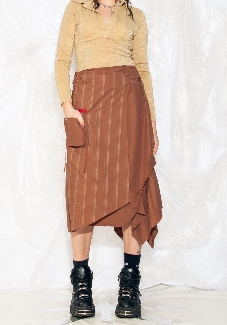 Vintage Y2K Cargo Skirt in Brown Cotton 2000s Gorpcore Pocket Utility Skirt Fairycore Grunge Middle Rise Midi Skirt Large image 5