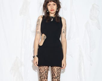 Reworked Vintage Y2K Cut Out Mini Dress in Black - 2000s Upcycled Hole Bodycon - Size M