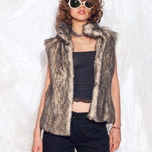 Vintage Y2K Brown Faux Fur Vest - 2000s Whimsigoth Festival Gilet Waistcoat - Size S image 1