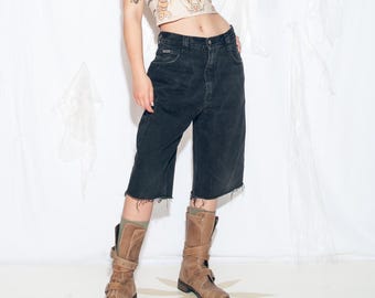 Szorty jeansowe Vintage 90s w kolorze czarnym - Szerokie spodnie typu Jorts z lat 90. Angels - Jeansy w stylu grunge Y2K z przetarciami - Rozmiar M