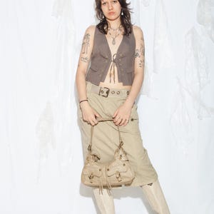 Spódnica cargo vintage Y2K z beżowej bawełny – kowbojski krój midi z kieszeniami w stylu techno z lat 2000. – Gorpcore Aesthetic Apparel – rozmiar XL zdjęcie 2