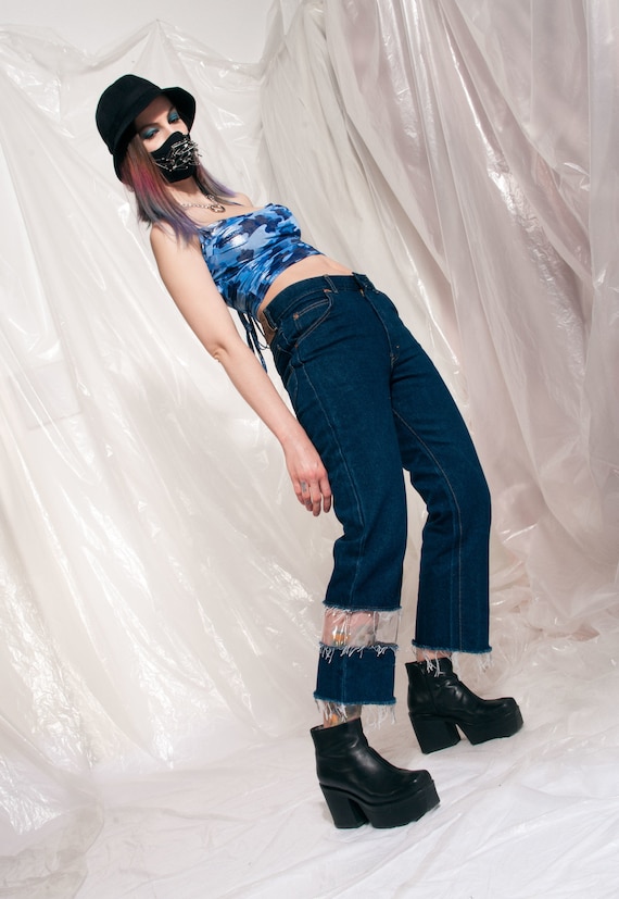 Vintage jeans 90s reworked clear PVC panel crop d… - image 6