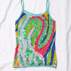 Vintage Y2K Mesh Top in Green - 2000s Clowncore Camisole with Sequins - Party Outfit - Size S