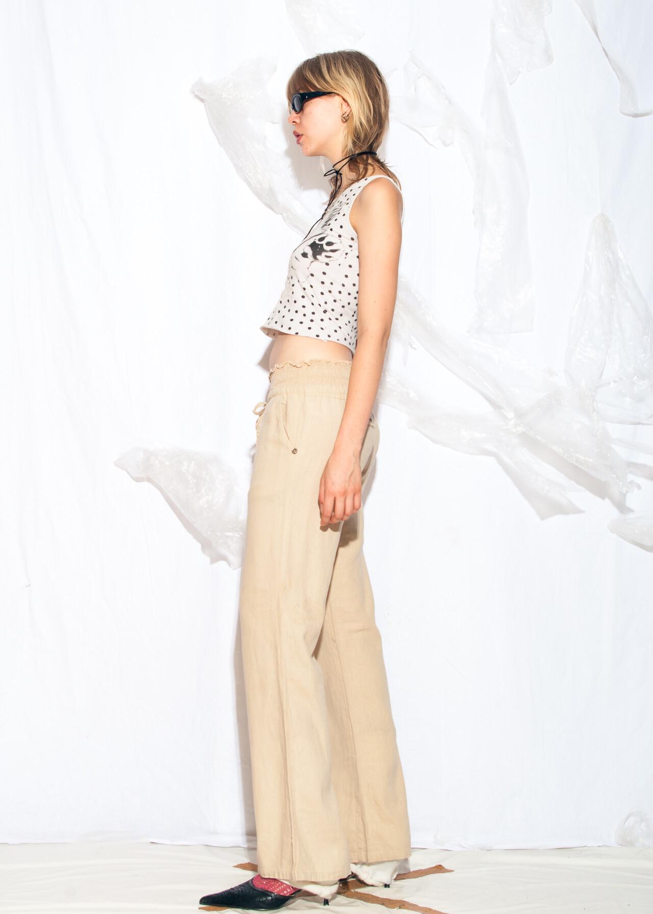 Vintage Y2K Wide Leg Linen Trousers in Beige - 2000s Summer Pants