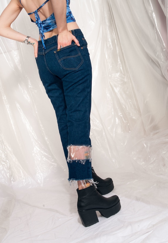 Vintage jeans 90s reworked clear PVC panel crop d… - image 5